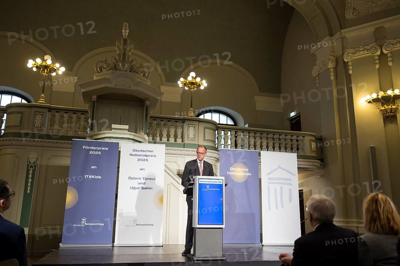 Friedrich Merz (Chancellor of the Federal Republic of Germany) speaks at the presentation of the German National Prize 2025 in Französische Friedrichstadtkirche, Berlin, on 10 June 2025