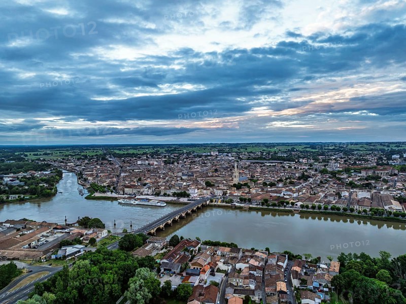 Twilight over Libourne from a drone, Gironde, Nouvelle-Aquitaine, Saint-Émilion and Pomerol, Southwestern France