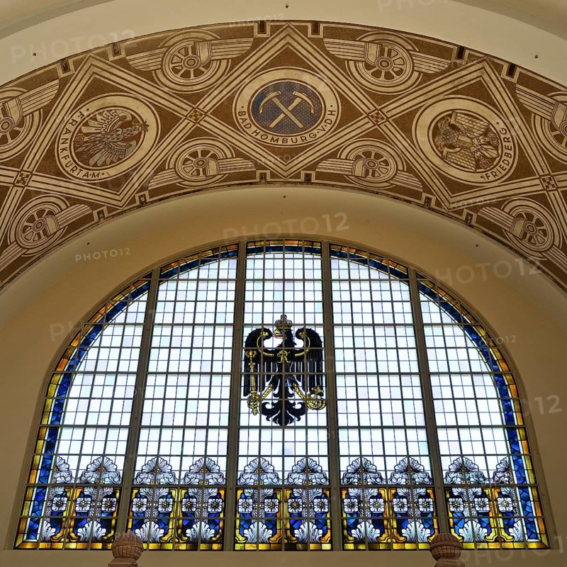 A stained glass window in the railway station with an imperial eagle is a reminder of the imperial era of Wilhelm II in Bad Homburg vor der Höhe, Hesse, Germany