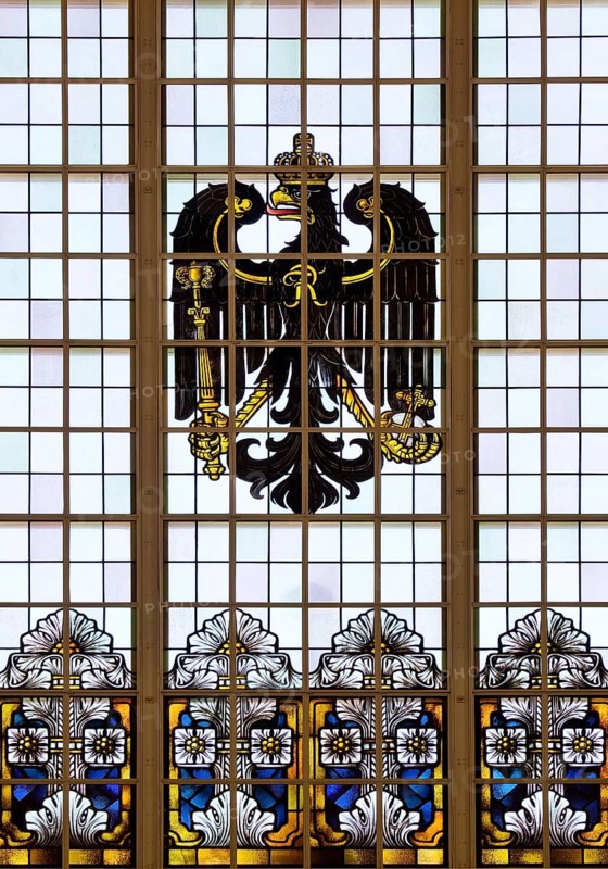 A stained glass window in the railway station with an imperial eagle is a reminder of the imperial era of Wilhelm II in Bad Homburg vor der Höhe, Hesse, Germany