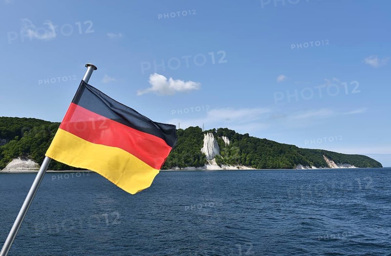 German flag on the Königsstuhl chalk cliff on Rügen, Mecklenburg-Western Pomerania, Germany