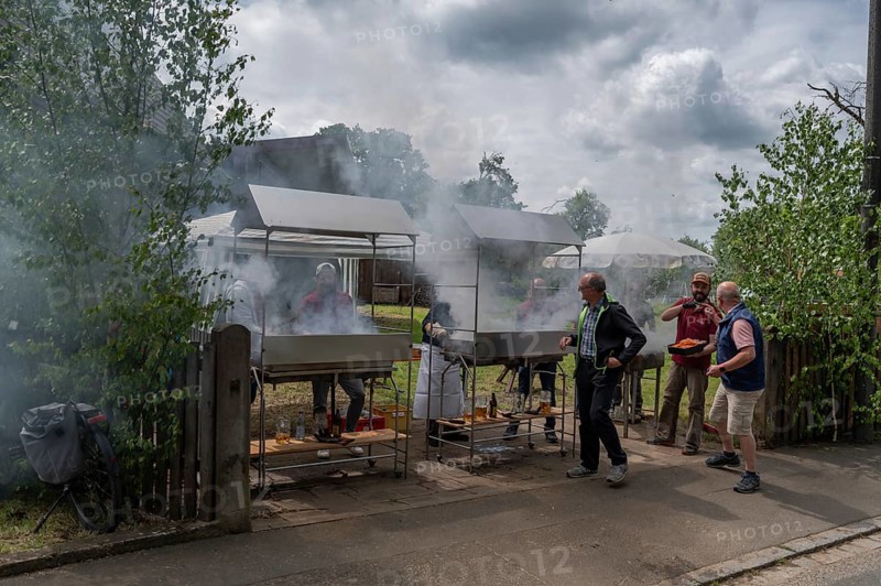 Heavy smoke at the sausage grill stations at the Backofenfest, Kleingeschaidt, Middle Franconia, Bavaria, Germany