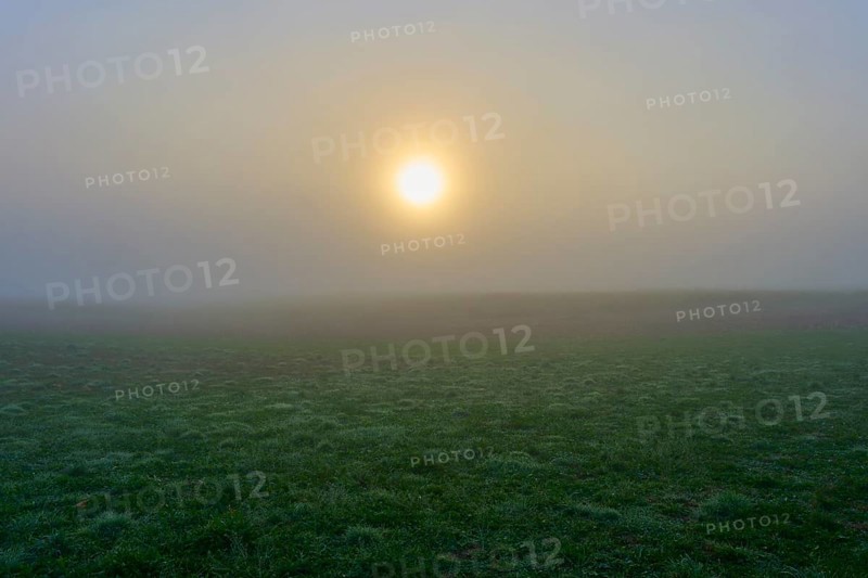 Lonely sunrise behind fog over a quiet field, creates a mystical environment, Mönchberg, Miltenberg, Spessart, Bavaria, Germany