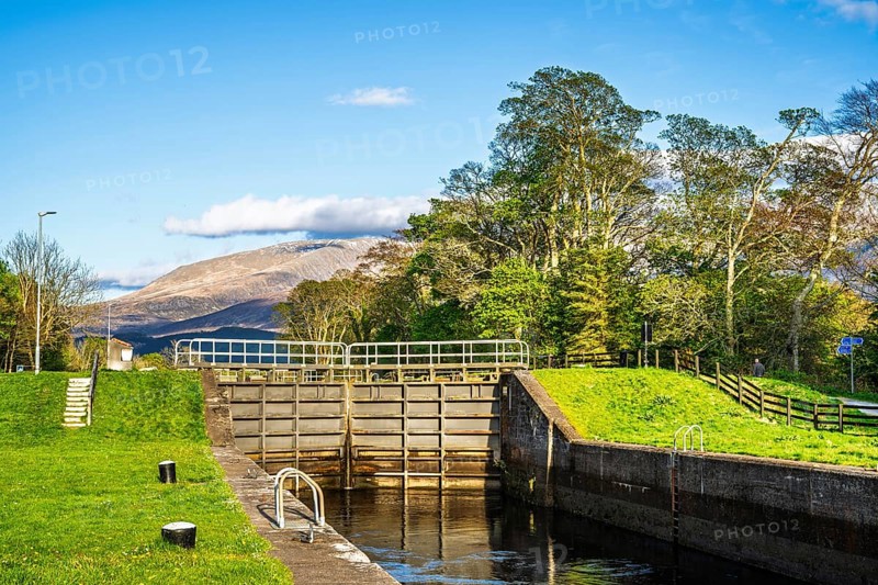 Caledonian Canal, Caol Beach and Nevis Range Mountains, Corpach, Fort William, Highland, Scotland, UK