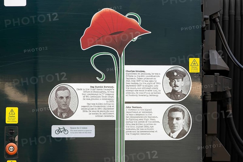 First World War remembrance staff biographies on side of Great Western Railway train, England, UK