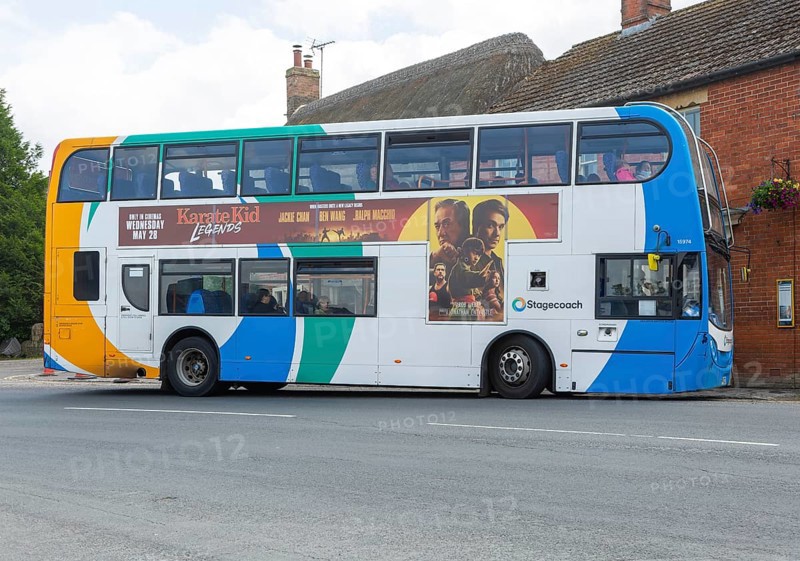 Stagecoach double decker Scania Enviro400 bus at bus stop, village of Avebury, Wiltshire, England, UK