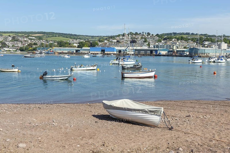 Small boats in harbour at Back Beach, Teignmouth, south Devon, England, UK