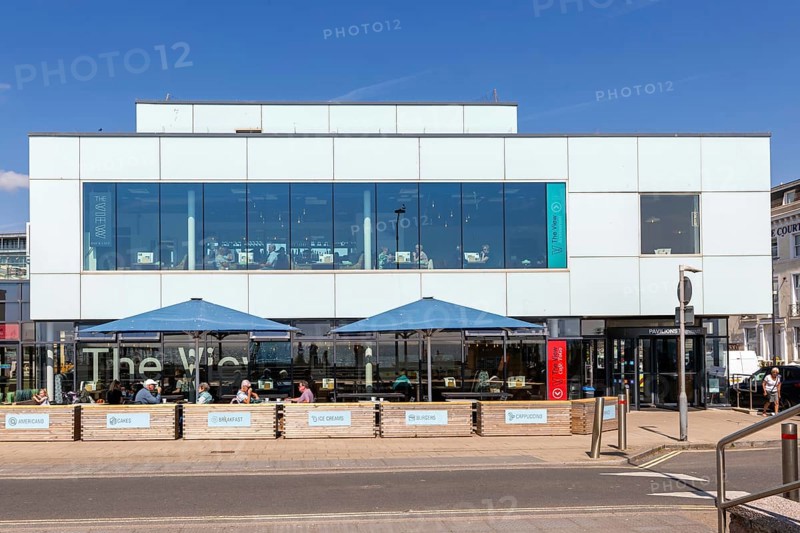 Modern architecture of The View cafe restaurant building, Teignmouth, south Devon, England, UK