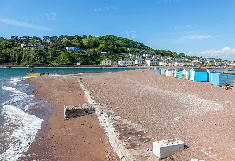 Beach seaside view to River Teign estuary and Shaldon, The Point, Teignmouth, south Devon, England, UK