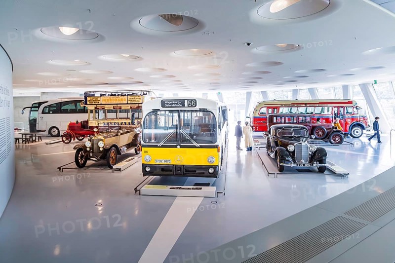 The Mercedes-Benz Museum in Stuttgart presents a journey through the automotive history of the global corporation. The history of the Mercedes star begins with the first automobile in 1886. 160 vehicles are on display, including buses and coaches. Stuttgart, Baden-Württemberg, Germany
