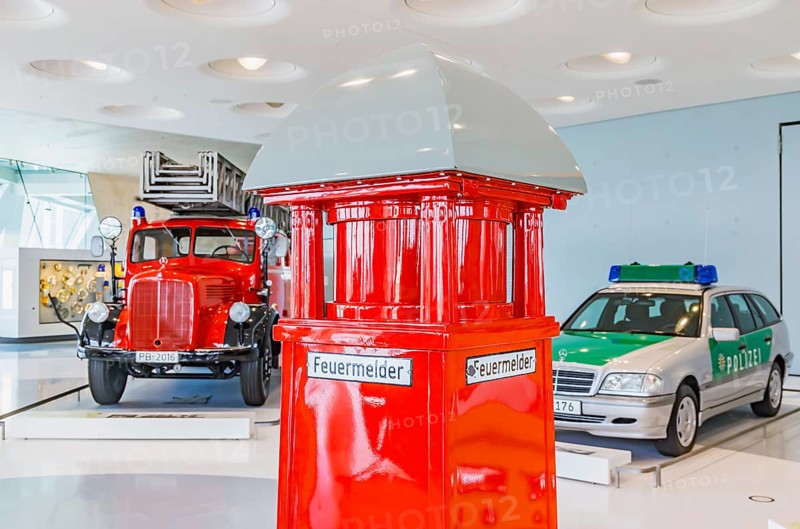 Gallery of helpers with rescue and police vehicles. The Mercedes-Benz Museum in Stuttgart presents a journey through the automotive history of the global corporation. The history of the Mercedes star begins with the first automobile in 1886. 160 vehicles are on display. Stuttgart, Baden-Württemberg, Germany