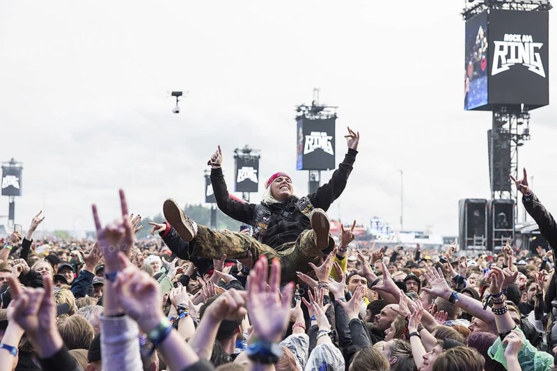 Festival visitor crowdsurfing at the Rock am Ring Festival on Friday, Nürburgring race track race track, 07.06.2025