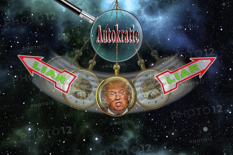 Symbolic image, Trump as a notorious liar in pendulum clock, wrong decisions, genius mania, government crisis, kleptocracy, price development, decision on Bitcoin questionable due to extreme energy demand, stock market prices, insecure digital currency, resources, energy, industry, economy critical, stock market hype, stock market crash, payment, insolvency, maximum profit, profit slump, share prices, Germany as a business location, global economy, globalisation, environmental protection, mafia, Trump government, Bitcoin rally, cryptocurrency, crypto reserve, stock market trading, gold substitute currency