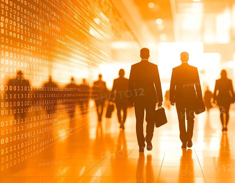 Business, abstract background, blur computer code, silhouette of walking people in a hall, orange hues, AI generated