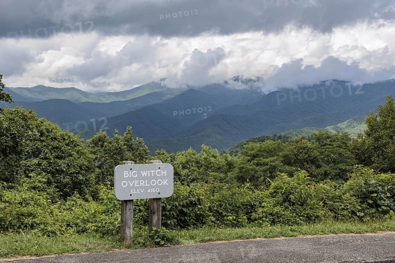 Sign at Big Witch Overlook along the Blue Ridge Parkway in the Smoky Mountains near Cherokee, North Carolina, USA