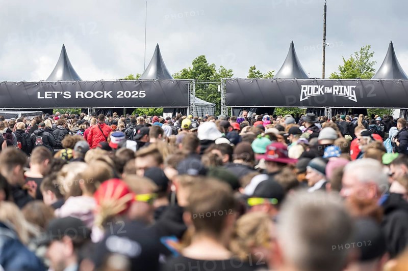 Festival visitors in front of the main entrance at the Rock am Ring Festival on Friday, Nürburgring race track race track, 06.06.2025