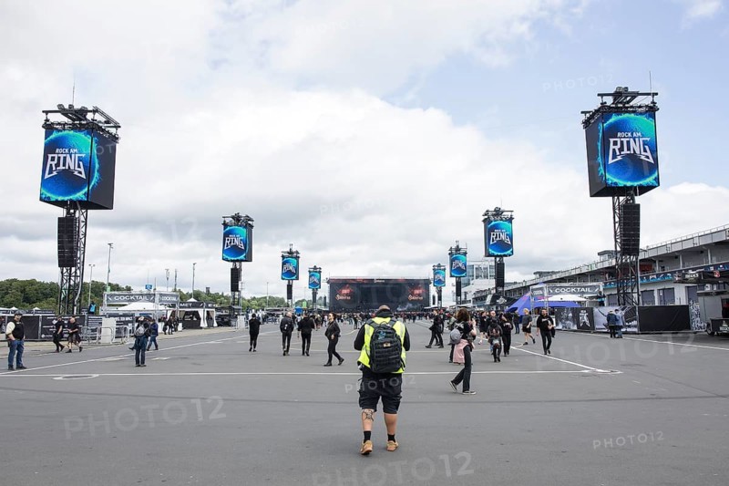Infield with speaker towers at the Rock am Ring Festival on Friday, Nürburgring race track race track, 06.06.2025