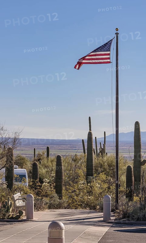 American flag flying near the entrance to the Organ Pipe Cactus National Monument in southern Arizona, USA