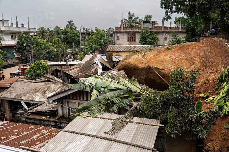 Damaged houses after a major landslide, triggered by a heavy downpour, in Guwahati, India, on June 7, 2025. One person was reported missing in thr landslide and two houses damaged