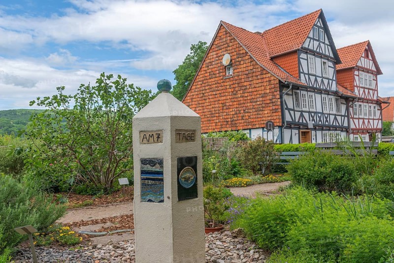 Church and Bible garden of St Crucis Church, Bad Sooden, Allendorf, Allendorf district, symbol of paradise garden with biblical flora, flower beds, nature, old town, half-timbered house, Werra-Meissner district, Hesse, Germany
