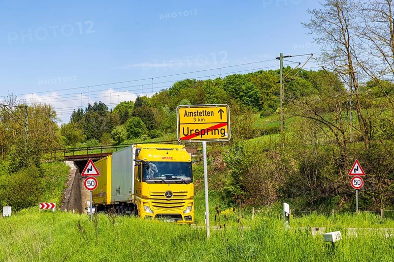 Lorry travelling on the B10 federal road near Lonsee. Lonsee, Baden-Württemberg, Germany