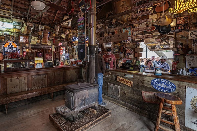Interior of rustic bar in Luckenbach, Texas, USA