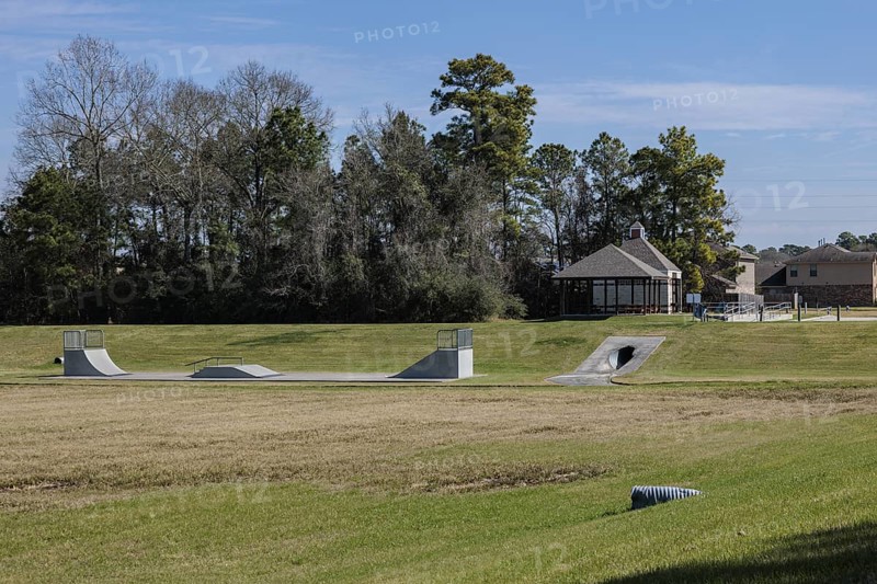 Outdoor skate park in Cypress Creek Park at Timber Lane in Spring, Texas, USA