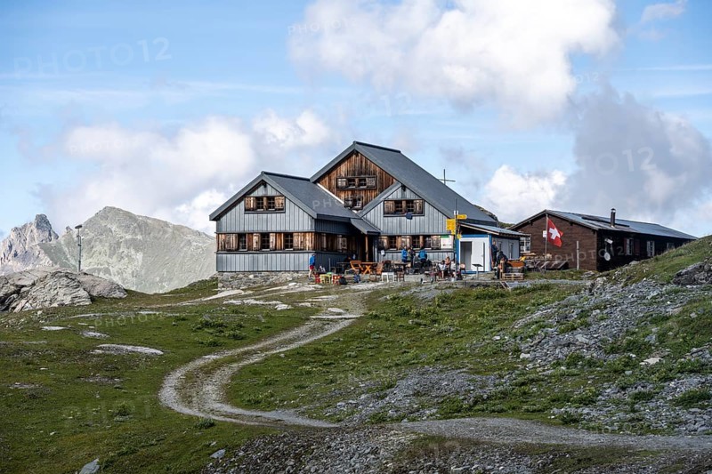 Cabane de Prafleuri mountain hut in mountain landscape, Valais, Western Alps, Switzerland
