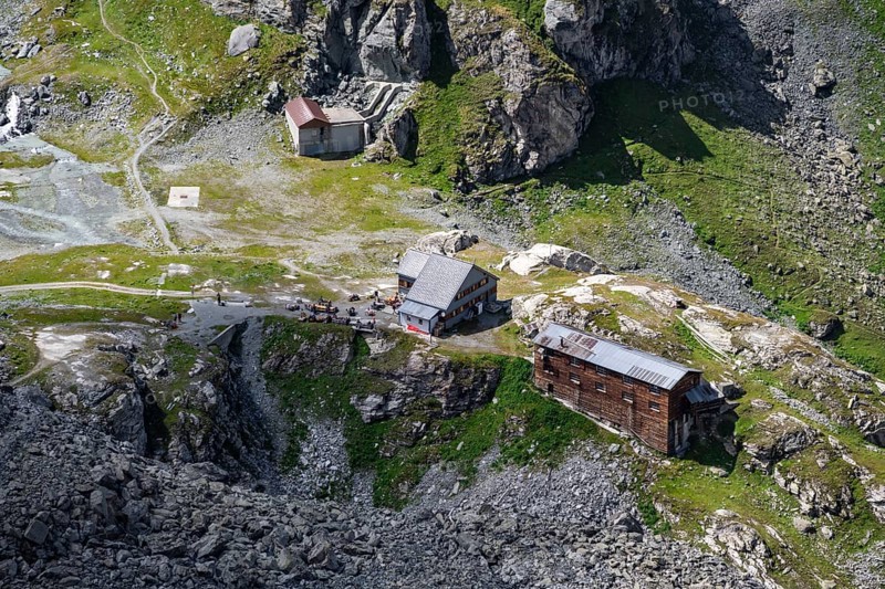 Mountain hut Cabane de Prafleuri in mountain landscape, from above, Valais, Western Alps, Switzerland