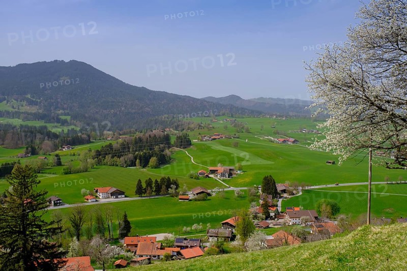 View of the Leitzach Valley from the Schwarzenberg near Hundham, Leitzach Valley, Upper Bavaria, Bavaria, Germany