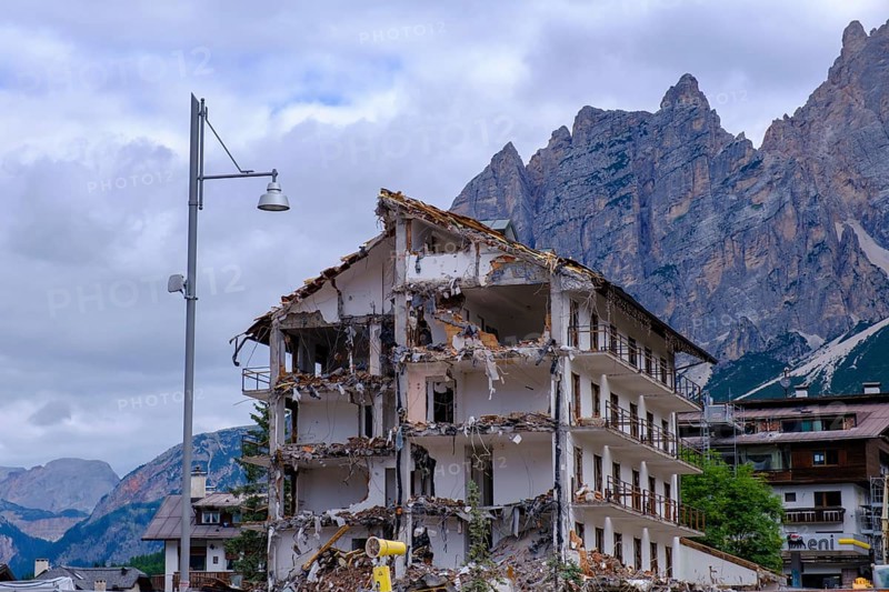 Demolition, Olympia construction site, former Hotel Bellevue, Cortina d'Ampezzo, Dolomites, Province of Belluno, Veneto, Italy