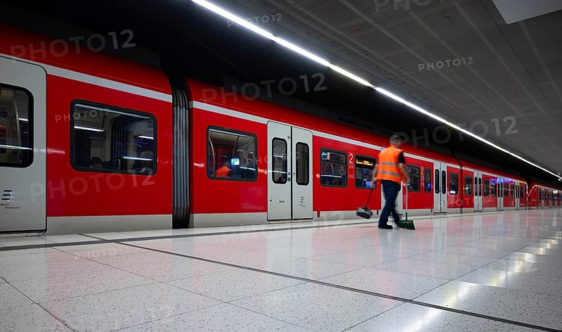 Underground arriving S-Bahn, train, class 420 in traffic red, cleaner cleans platform, cleaning, railway employee, broom, dustpan, safety waistcoat, stop, city centre station, public transport, VVS, VerkehrsverbundStuttgart, Baden-Württemberg, Germany