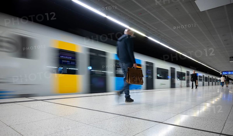 Underground suburban train, train, Generation 2025, platform, stop, Stadtmitte station, public transport, movement effect, passengers, travellers, briefcase, VVS, Stuttgart Transport Association, Baden-Württemberg, Germany