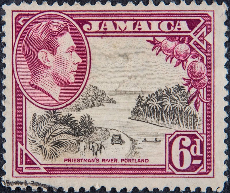 George VI was King of the United Kingdom and the Dominions of the British Commonwealth from 1936 until his death in 1952. Portrait on a Jamaica postage stamp