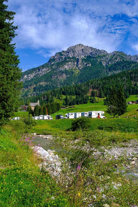 Motorhome site on the Piave, Sappada, Plodn, behind Monte Ferrro, Carnic Alps, Julian Friuli, Italy