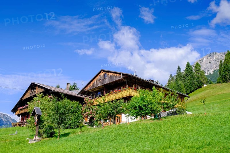 Old farmhouses in the hamlet of Kottern, Sappada, Plodn, Carnic Alps, Julian Friuli, Italy