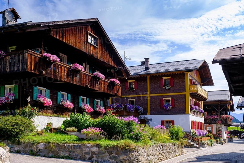 Old farmhouses in the Fontna district, Sappada, Plodn, Carnic Alps, Julian Friuli, Italy