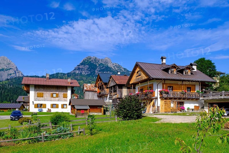 Farms, district of Palu, Sappada, Plodn, behind the mountain Terza Piccola Monte Coston, Carnic Alps, Julian Friuli, Italy