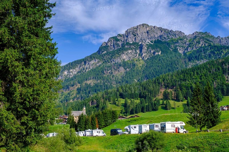 Motorhome site on the Piave, Sappada, Plodn, behind Monte Ferrro, Carnic Alps, Julian Friuli, Italy