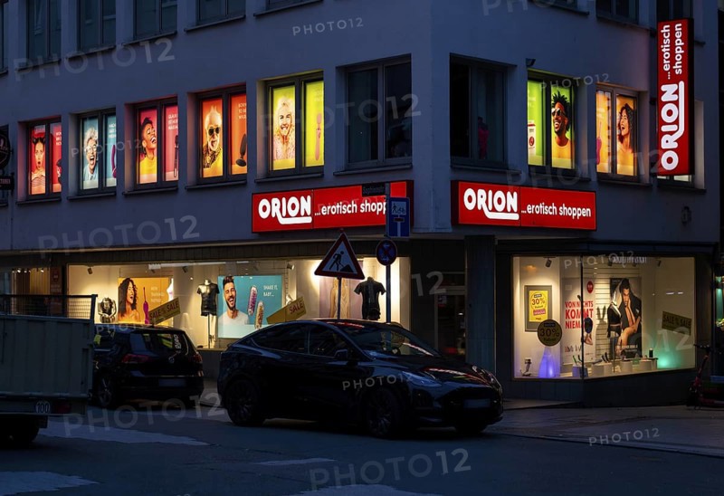 Night shot, Shop window, Display, Sex shop ORION, Eros centre, Shop, Advertisement, Stuttgart, Baden-Württemberg, Germany