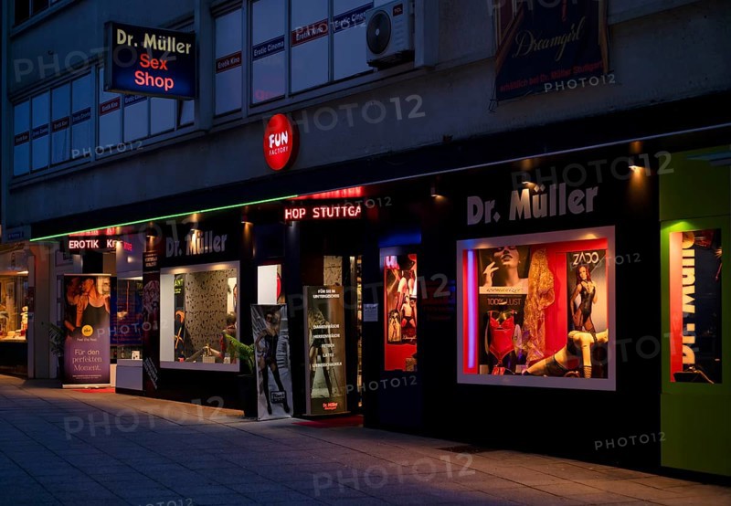 Night shot, Shop window, Display, Shop, Sexshop Dr. Müller, Eros-Center, Advertisement, Stuttgart, Baden-Württemberg, Germany