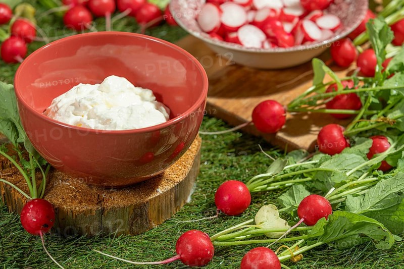 Red bowl with dip and sliced radishes on a green meadow