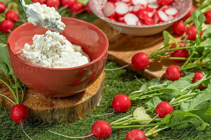 Cottage cheese is placed in a bowl with a spoon, surrounded by radishes