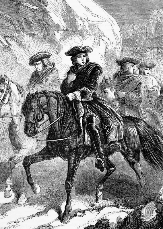 The retreat of Prince Charles, commonly known as Bonnie Prince Charlie or the young pretender to the throne, and the Jacobites who were pursued by King George II's son, the Duke of Cumberland, and caught up with them at the Battle of Culloden, England, 16 April 1746, digital reproduction of a historical original