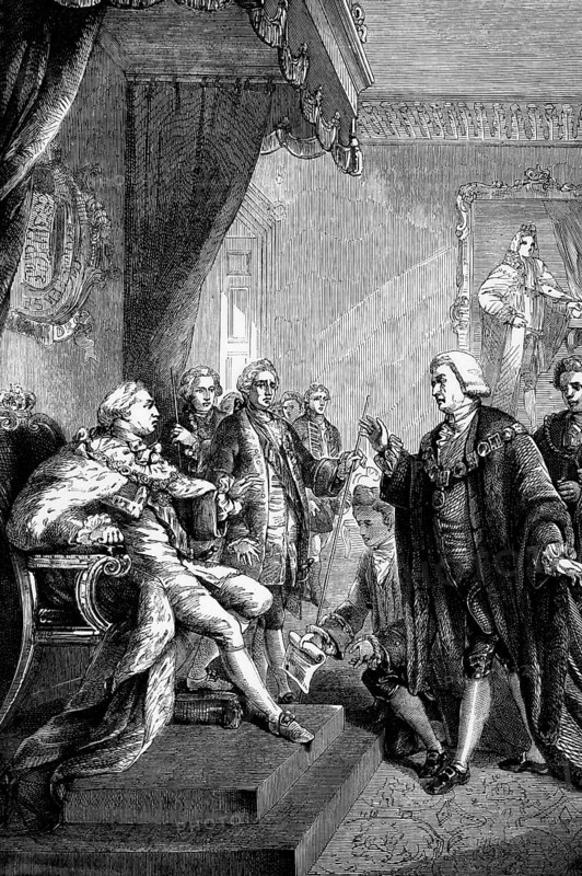 In March 1770, after the release of John Wilkes, Lord Major William Beckford publicly admonished George III, calling on the king to dissolve parliament and dismiss his civil councillors, England, digital reproduction of a historical original