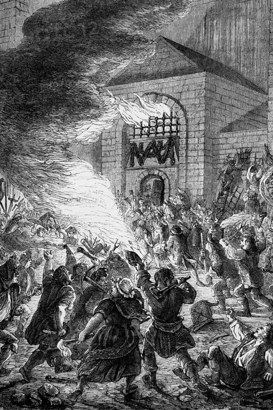 The No Popery (or Gordon) rioters attacked London's Newgate Prison in June 1780, which was largely destroyed, allowing a large number of prisoners to escape, many of whom were never recaptured, England, digital reproduction of a historical original