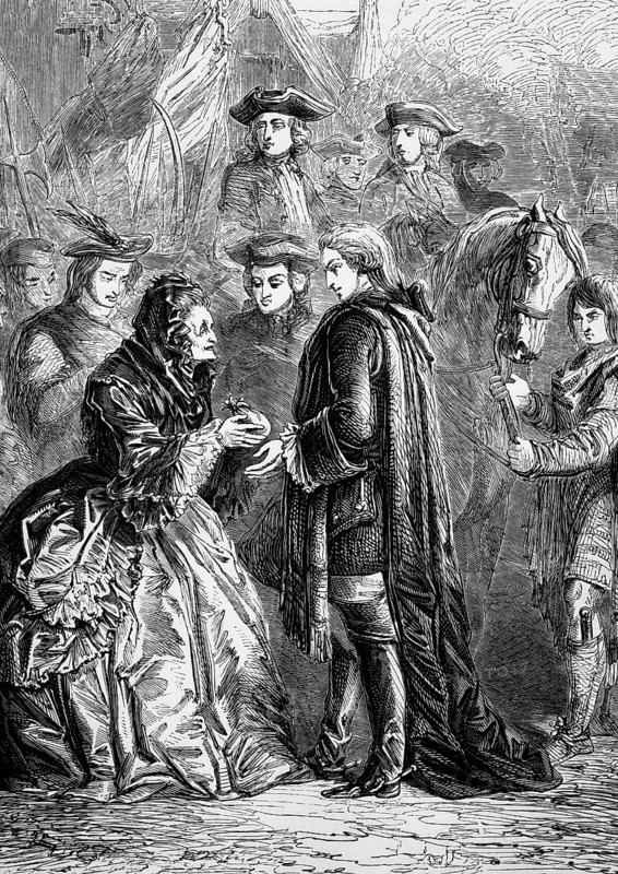 After the Battle of Prestonpans on 21 September 1745, Prince Charles, commonly known as Bonnie Prince Charlie or the young pretender to the throne, moved south to the River Mersey, where he met Mrs Skyring, the aged daughter of a Cavalier, England, digital reproduction of a historical original