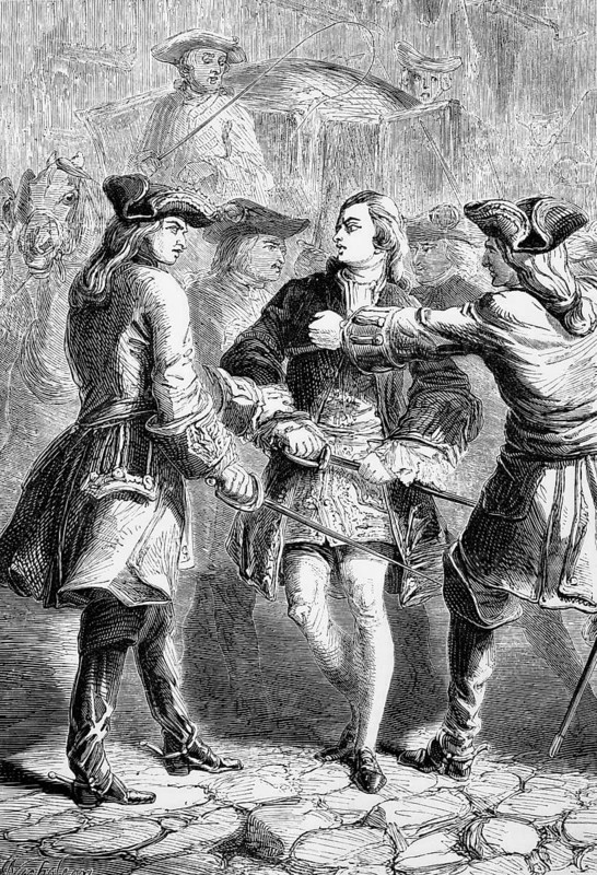In 1748, the young pretender to the throne, Prince Charles, was arrested and expelled from France under the terms of the Treaty of Aachen, which ended the war between Great Britain and France, digital reproduction of a historical model