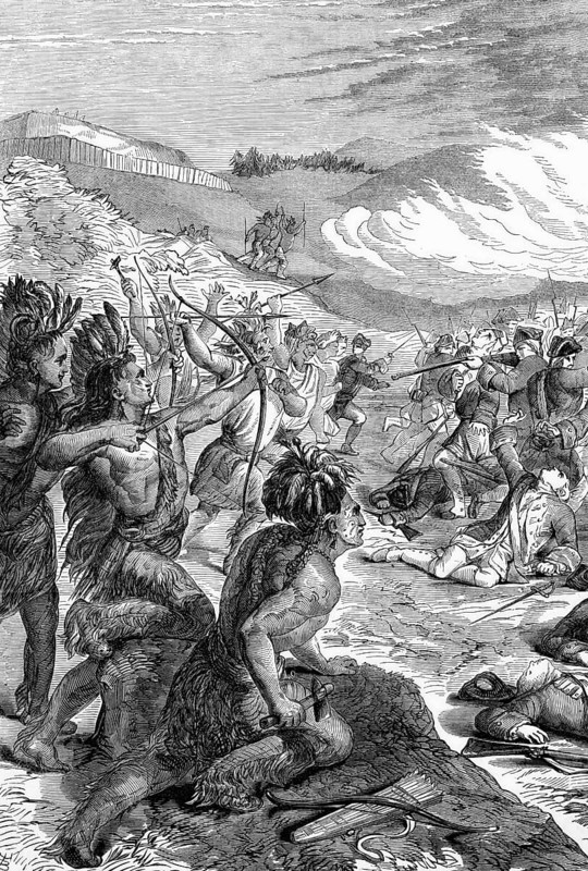 The death of General Edward Braddock, a British soldier and commander-in-chief of the 13 British colonies in North America, near the Monongahela River on 9 July 1755. He was killed at the beginning of the French and Indian War, which was part of the Seven Years' War between the colonies of British America and New France, digital reproduction of a historical original