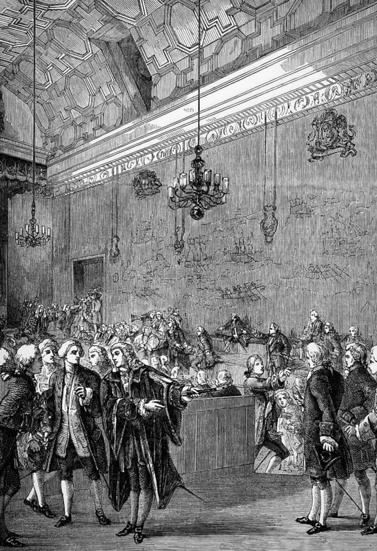 Strife and resentment in the House of Lords during the North American colonies' attempts to gain more freedom, 1770, England, digital reproduction of a historical model